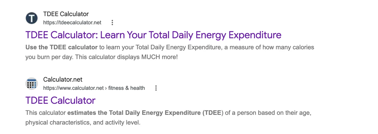 Search results showing TDEECalculator.net and Calculator.net TDEE calculators