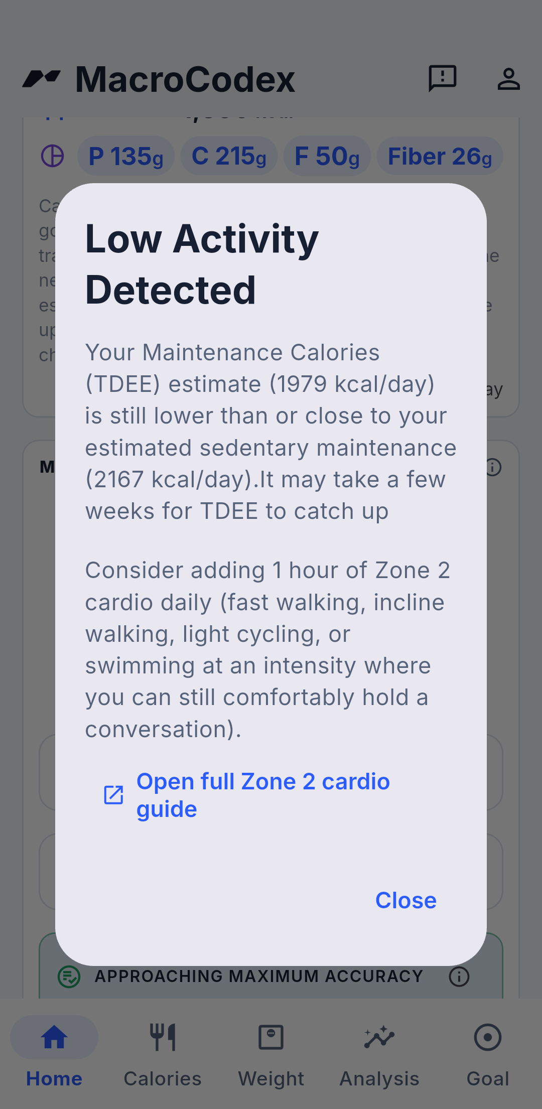 MacroCodex low activity hint and recommendation screen