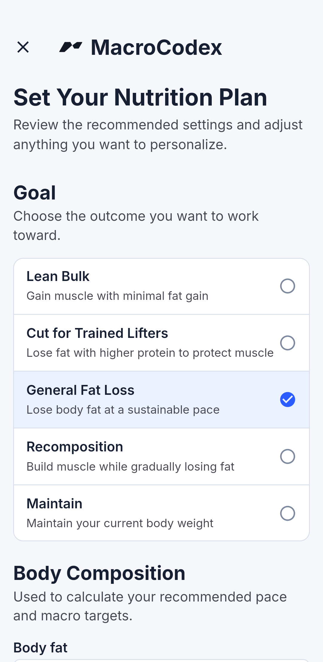 MacroCodex goal selection screen