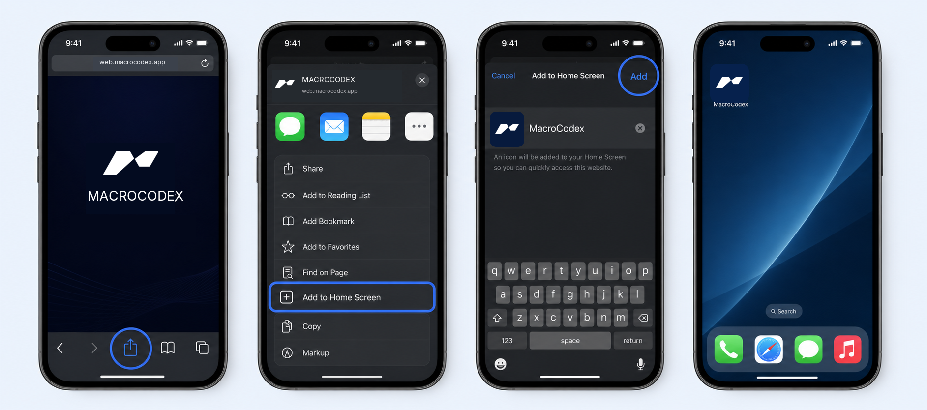 Four iPhone screens showing the MacroCodex installation flow: open web.macrocodex.app in Safari, tap Share, select Add to Home Screen, tap Add, then open MacroCodex from the iPhone home screen.